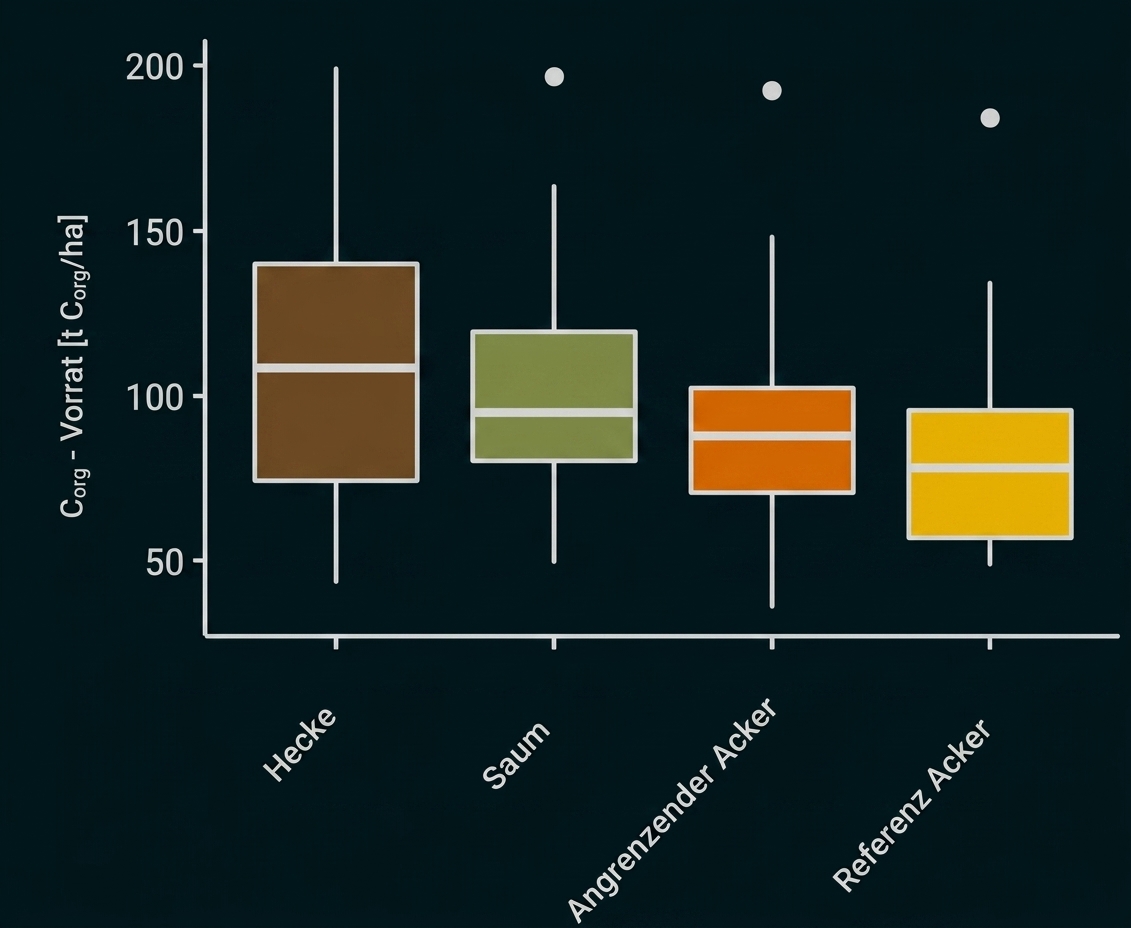 Boxplot: organischer Kohlenstoffvorrat (t C_org/ha) für Hecke, Saum, angrenzenden Acker und Referenzacker.